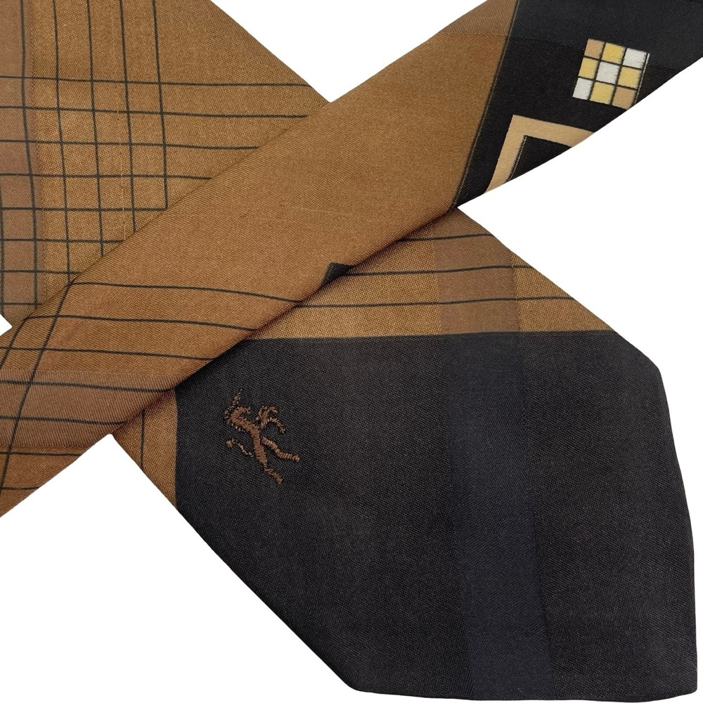 Vintage Bronzini Necktie Tie Brown Black Geometric‎ Unicorn Logo 1970's Mod